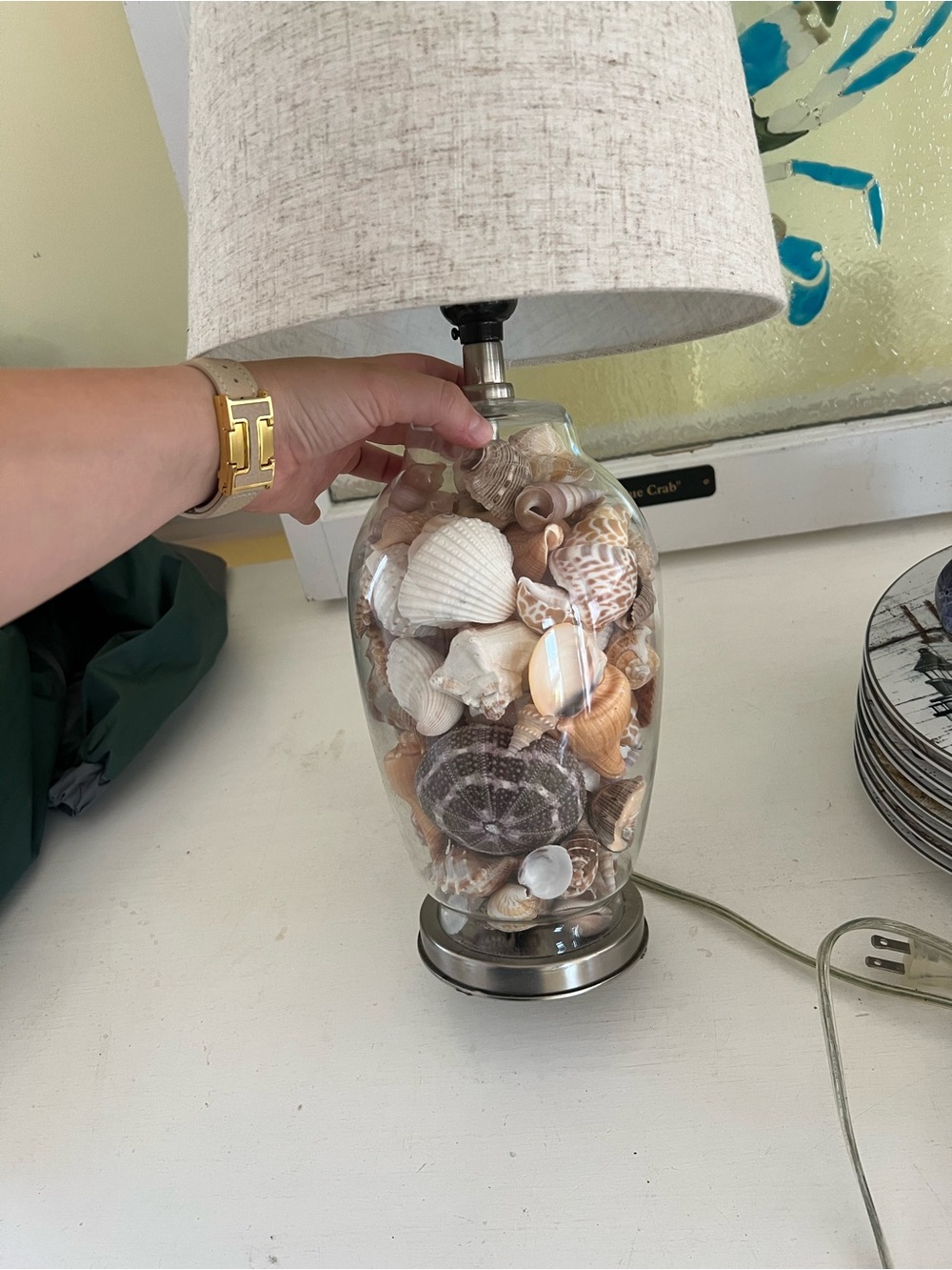 Coastal Seashell Table Lamp with Beige Linen Shade